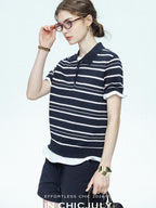 chicjuly Star Shimmer Lace Texture Striped Polo Women's Blended Short Sleeve T-shirts