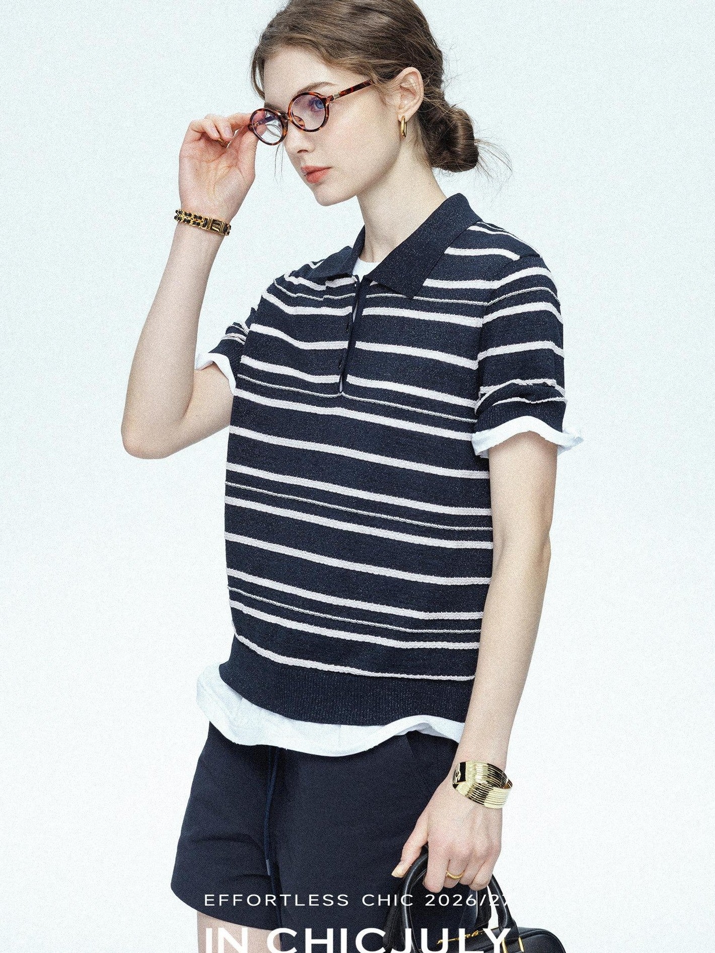 chicjuly Star Shimmer Lace Texture Striped Polo Women's Blended Short Sleeve T-shirts