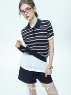 chicjuly Star Shimmer Lace Texture Striped Polo Women's Blended Short Sleeve T-shirts