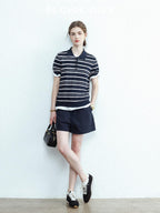 chicjuly Star Shimmer Lace Texture Striped Polo Women's Blended Short Sleeve T-shirts