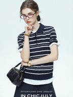 chicjuly Star Shimmer Lace Texture Striped Polo Women's Blended Short Sleeve T-shirts