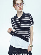 chicjuly Star Shimmer Lace Texture Striped Polo Women's Blended Short Sleeve T-shirts