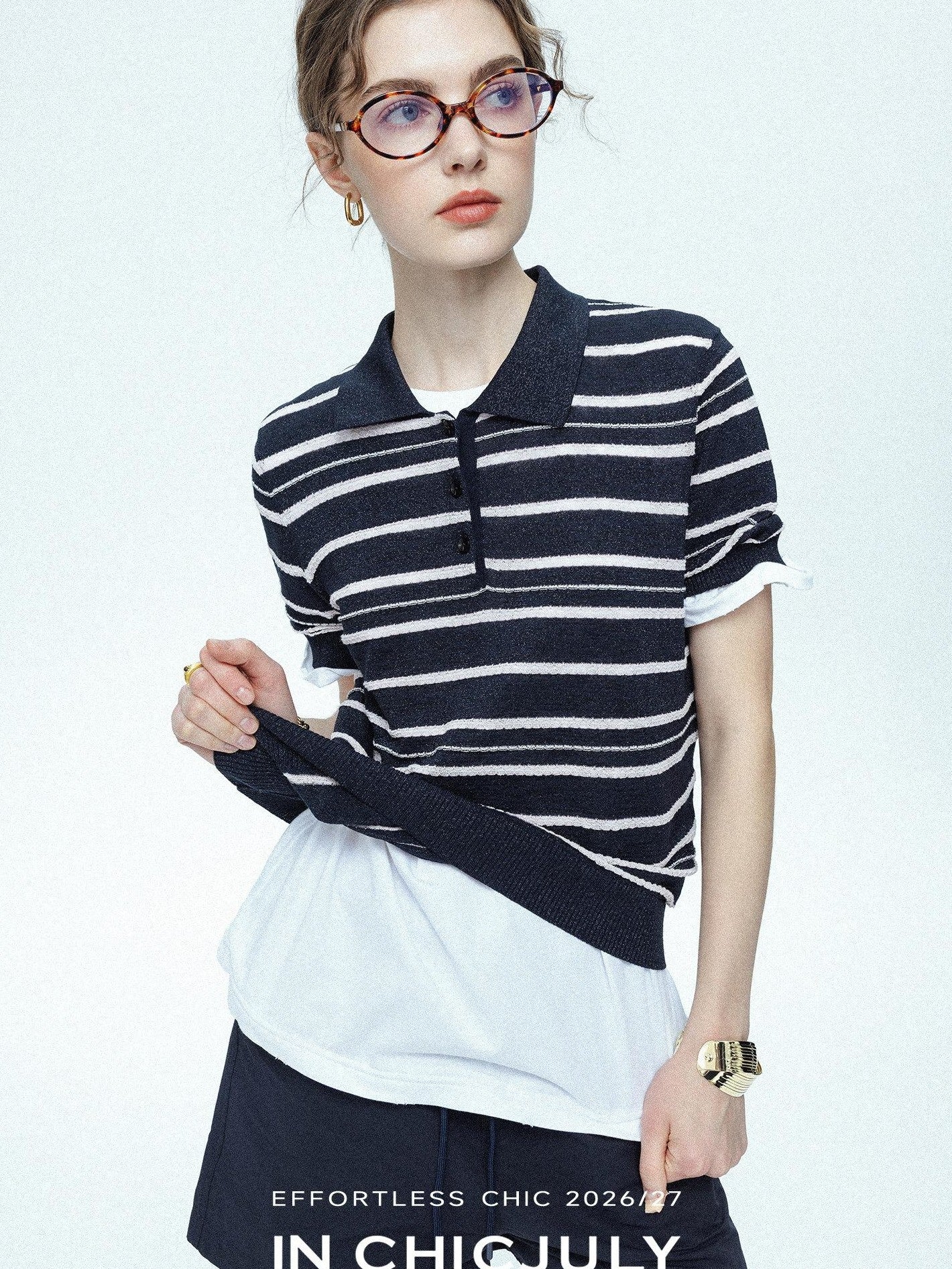 chicjuly Star Shimmer Lace Texture Striped Polo Women's Blended Short Sleeve T-shirts