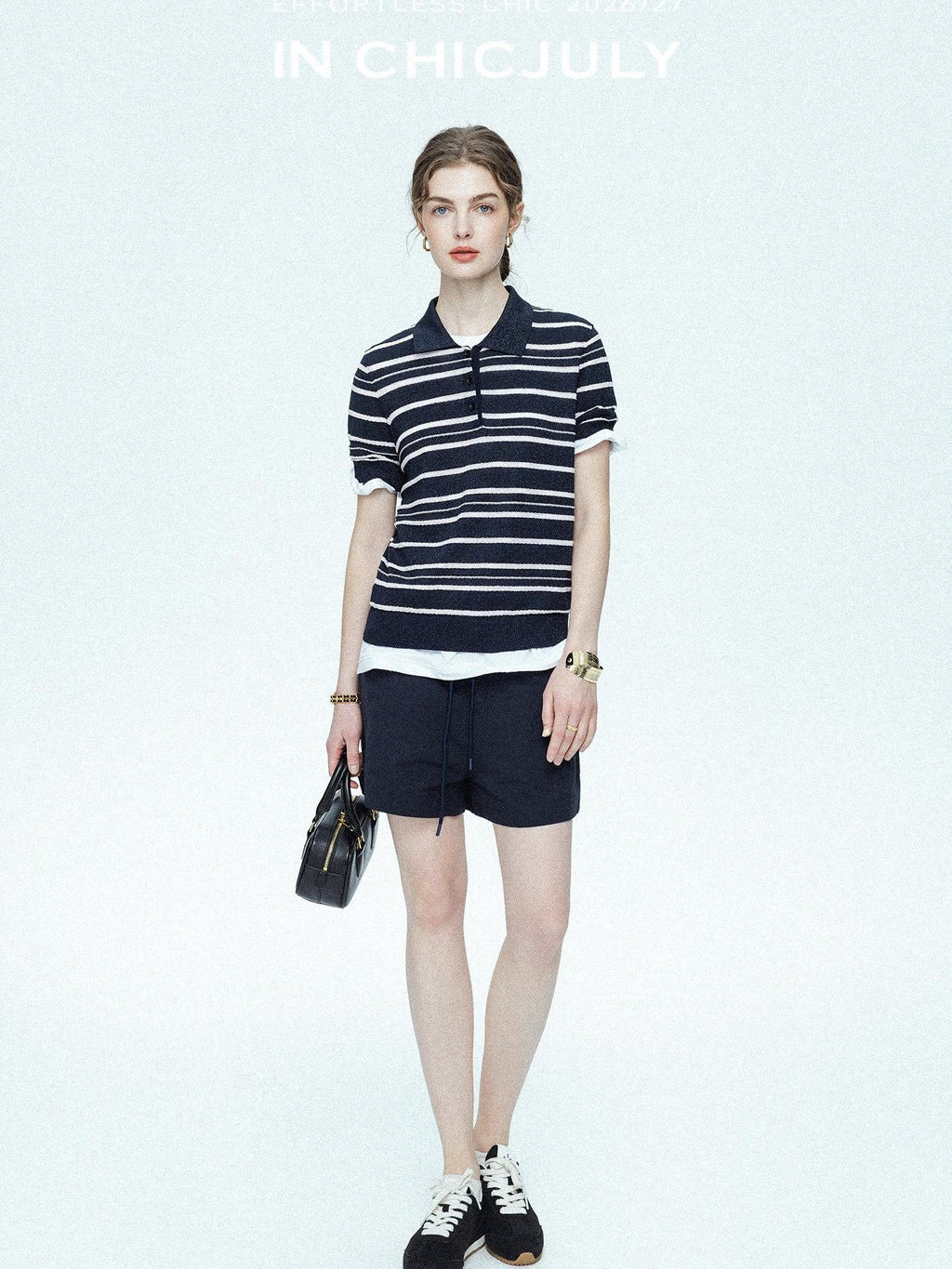 chicjuly Star Shimmer Lace Texture Striped Polo Women's Blended Short Sleeve T-shirts