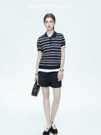chicjuly Star Shimmer Lace Texture Striped Polo Women's Blended Short Sleeve T-shirts