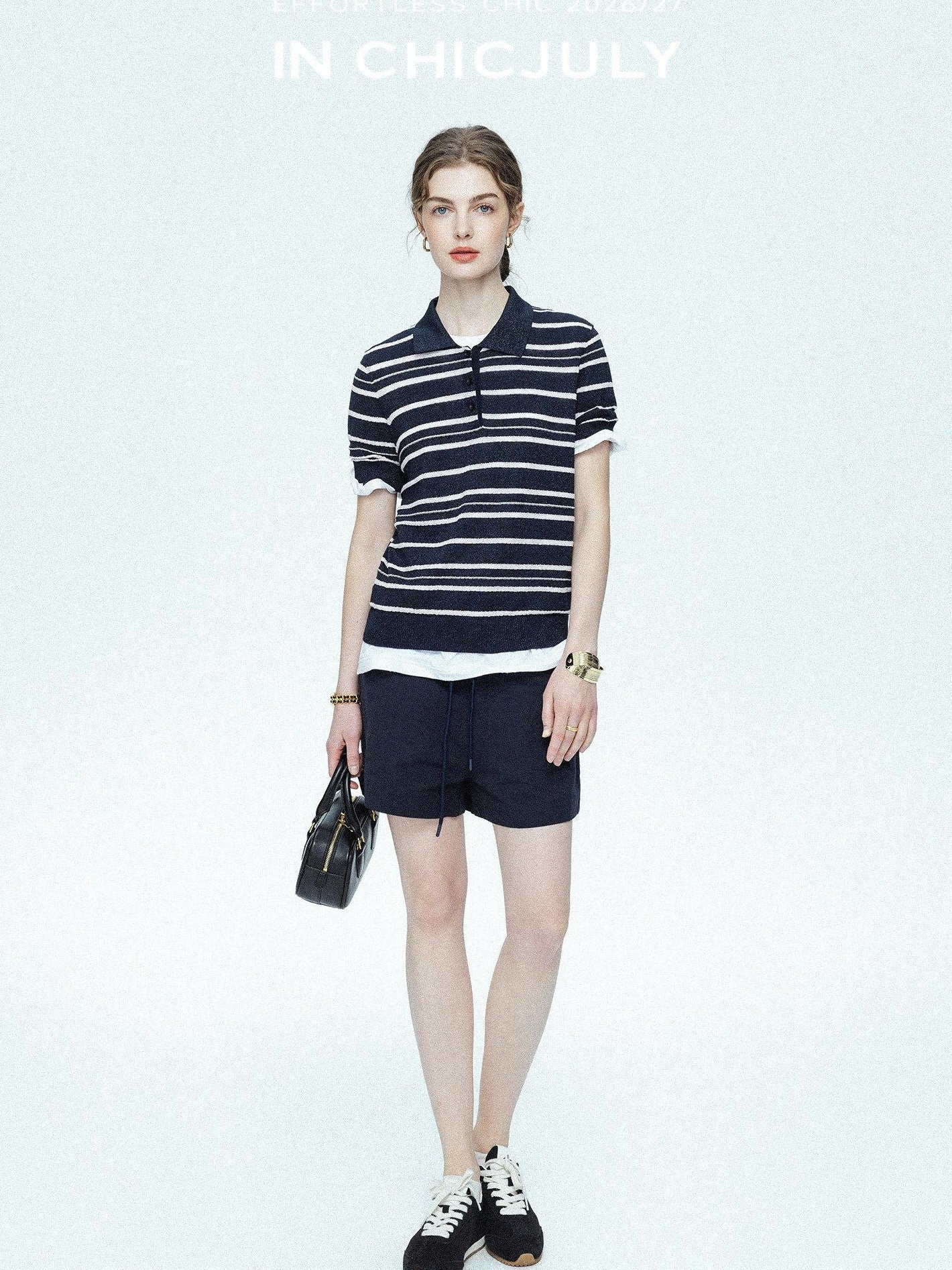chicjuly Star Shimmer Lace Texture Striped Polo Women's Blended Short Sleeve T-shirts