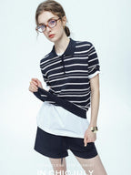 chicjuly Star Shimmer Lace Texture Striped Polo Women's Blended Short Sleeve T-shirts