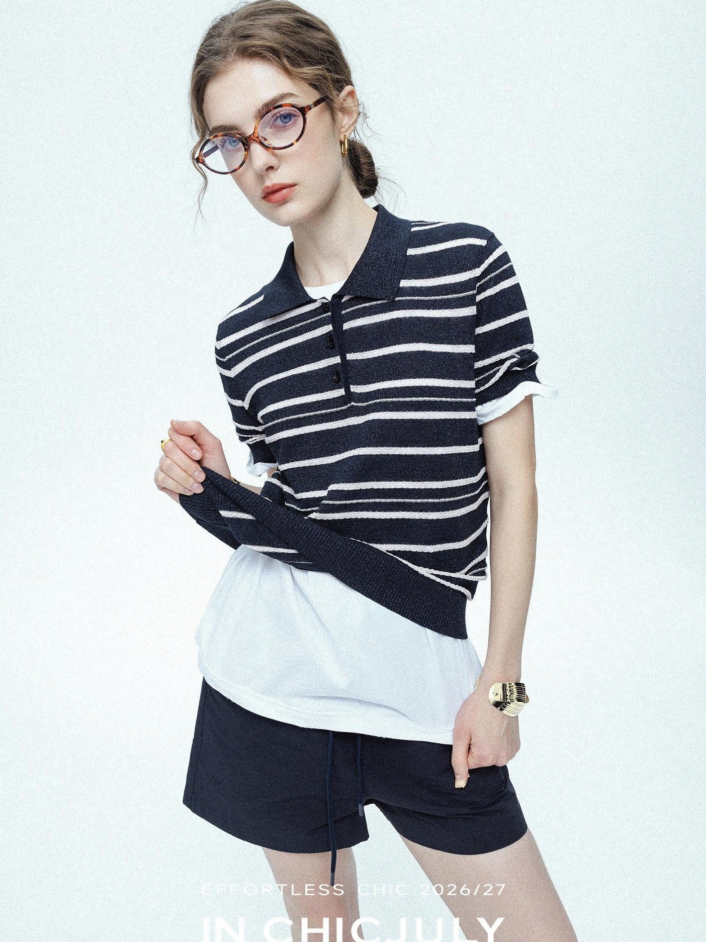 chicjuly Star Shimmer Lace Texture Striped Polo Women's Blended Short Sleeve T-shirts