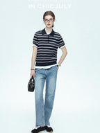 chicjuly Star Shimmer Lace Texture Striped Polo Women's Blended Short Sleeve T-shirts