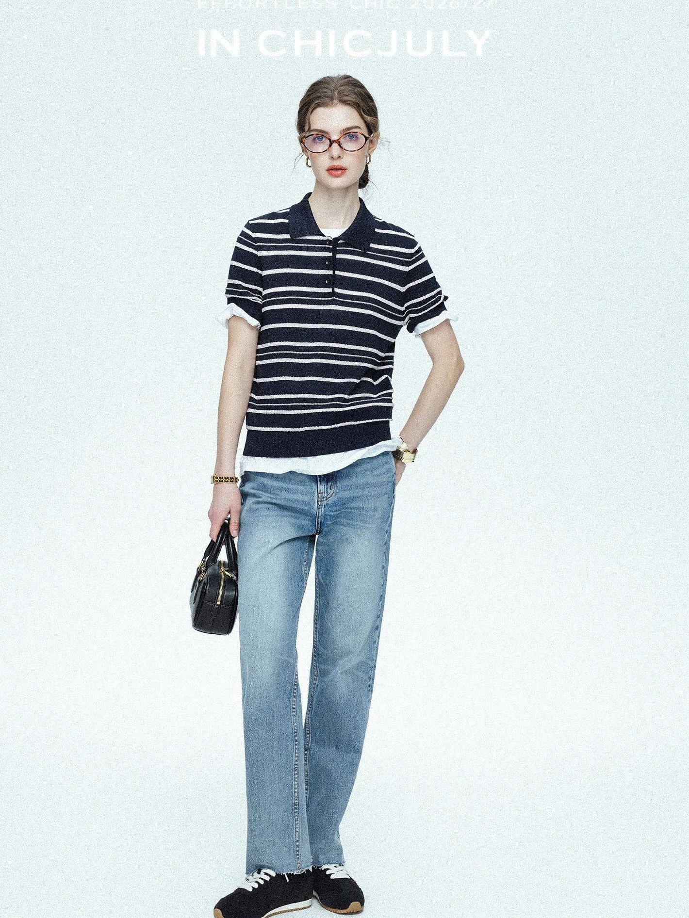 chicjuly Star Shimmer Lace Texture Striped Polo Women's Blended Short Sleeve T-shirts