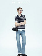 chicjuly Star Shimmer Lace Texture Striped Polo Women's Blended Short Sleeve T-shirts