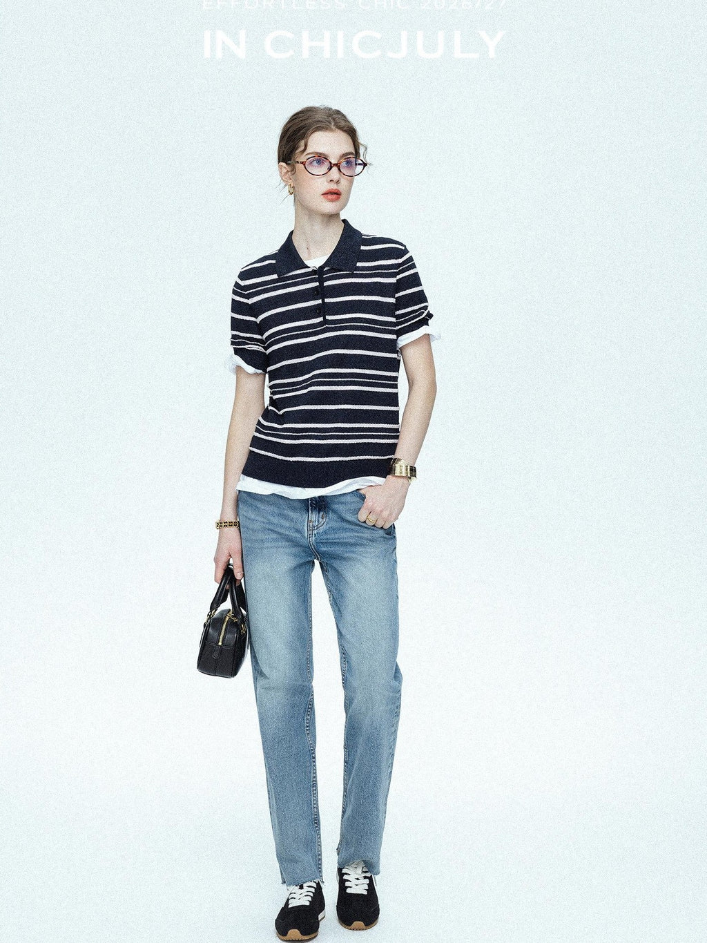 chicjuly Star Shimmer Lace Texture Striped Polo Women's Blended Short Sleeve T-shirts