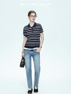 chicjuly Star Shimmer Lace Texture Striped Polo Women's Blended Short Sleeve T-shirts