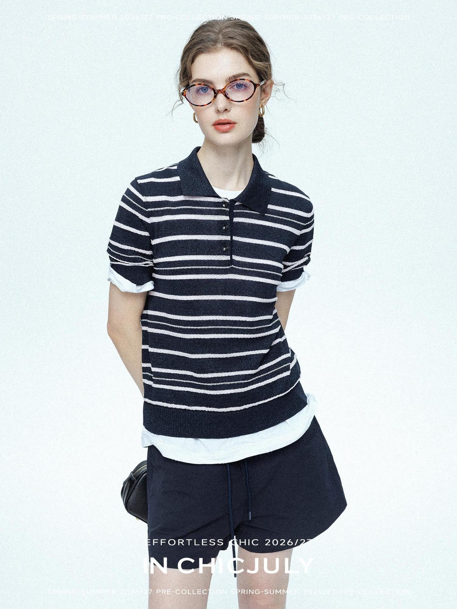 chicjuly Star Shimmer Lace Texture Striped Polo Women's Blended Short Sleeve T-shirts