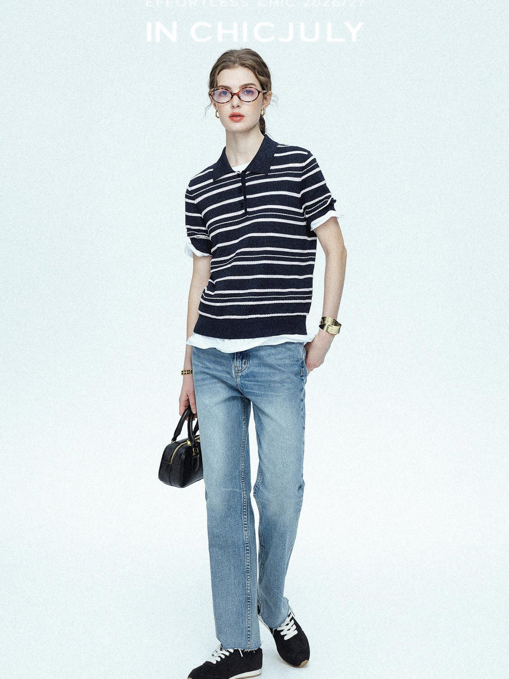 chicjuly Star Shimmer Lace Texture Striped Polo Women's Blended Short Sleeve T-shirts