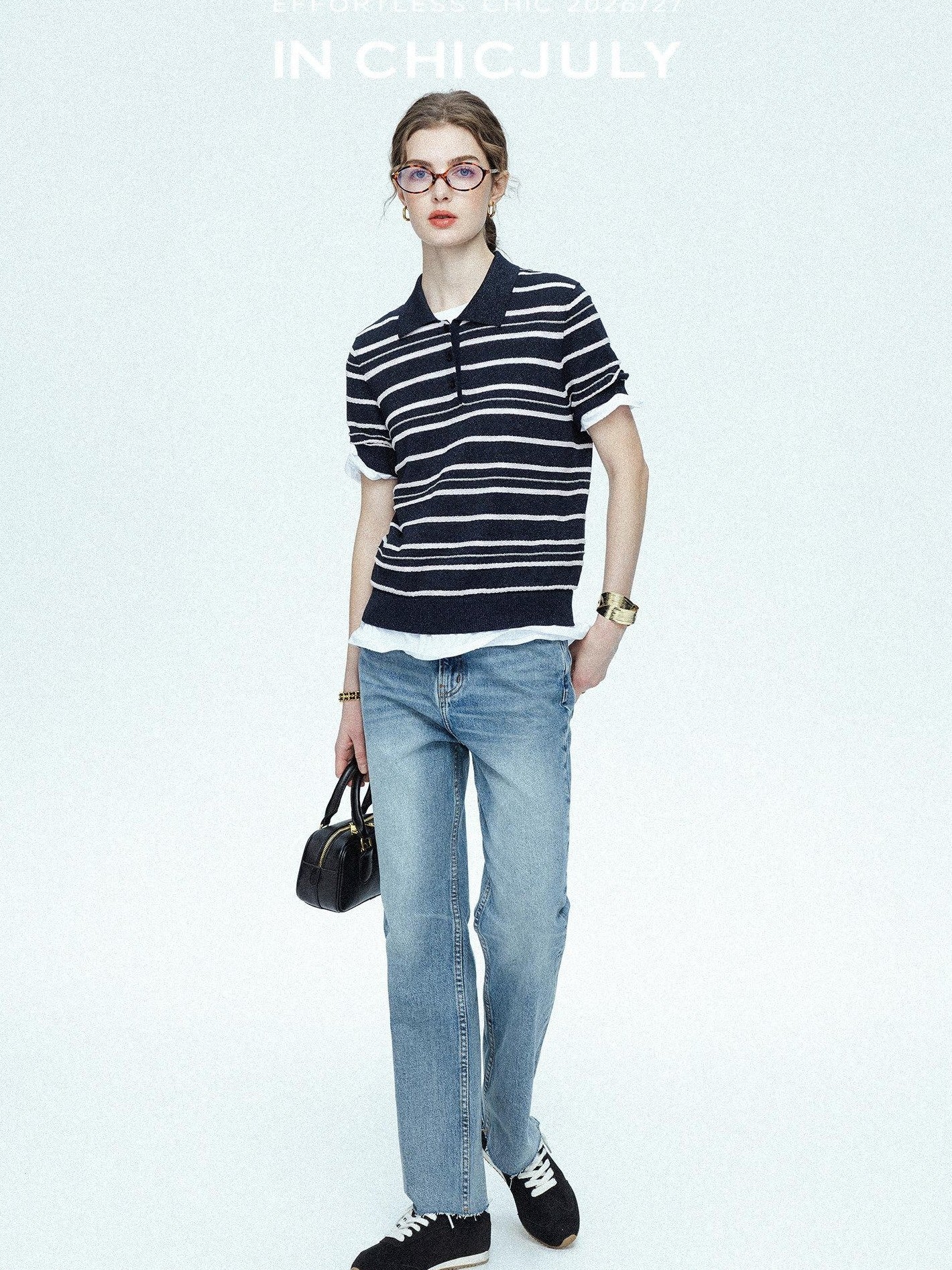 chicjuly Star Shimmer Lace Texture Striped Polo Women's Blended Short Sleeve T-shirts