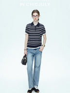 chicjuly Star Shimmer Lace Texture Striped Polo Women's Blended Short Sleeve T-shirts