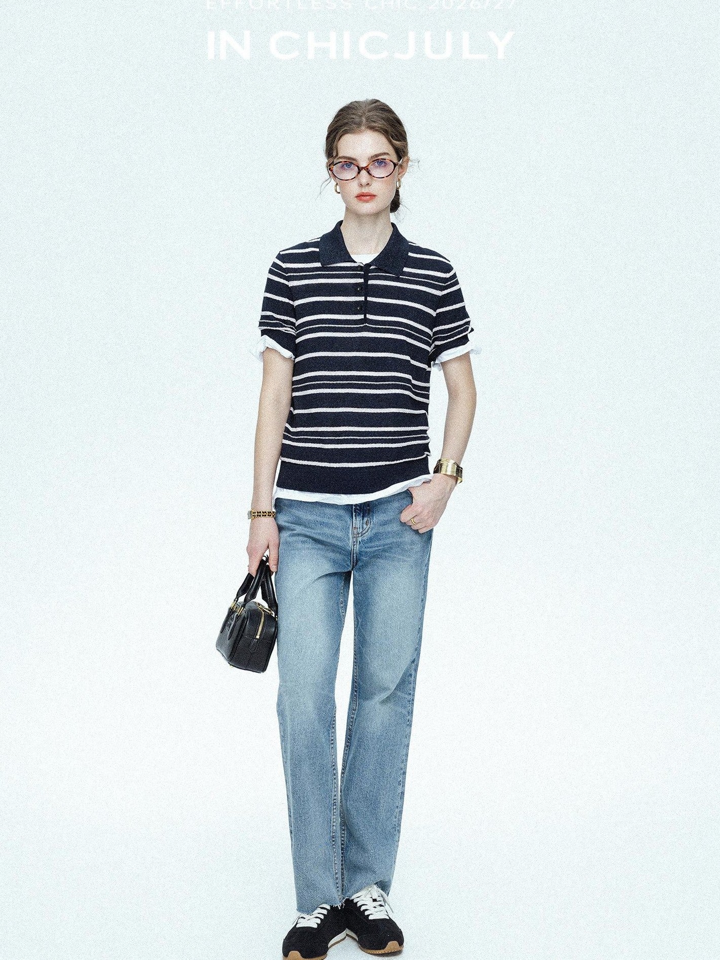 chicjuly Star Shimmer Lace Texture Striped Polo Women's Blended Short Sleeve T-shirts