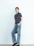 chicjuly Star Shimmer Lace Texture Striped Polo Women's Blended Short Sleeve T-shirts
