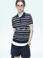 chicjuly Star Shimmer Lace Texture Striped Polo Women's Blended Short Sleeve T-shirts
