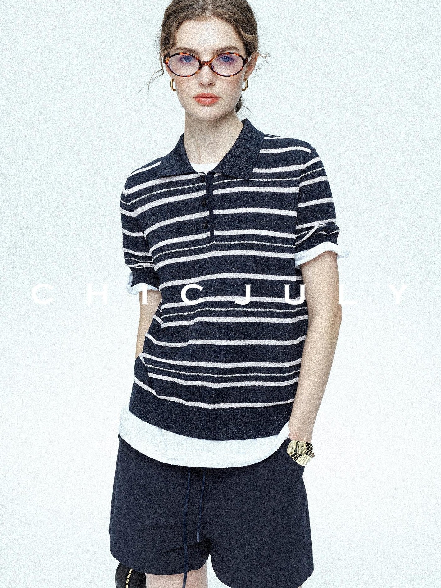 chicjuly Star Shimmer Lace Texture Striped Polo Women's Blended Short Sleeve T-shirts