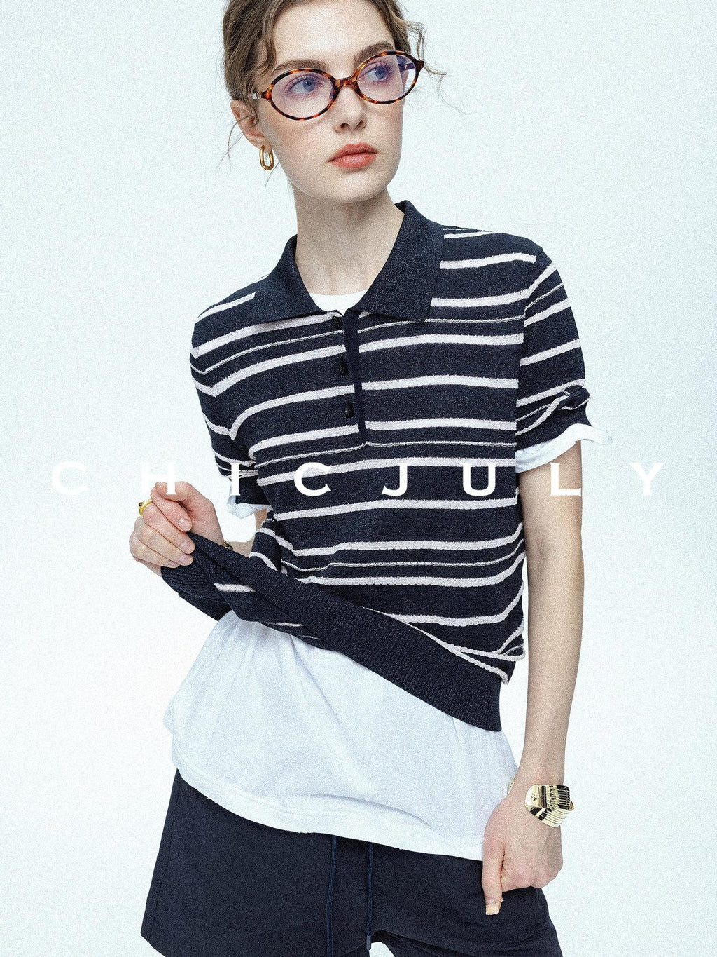 chicjuly Star Shimmer Lace Texture Striped Polo Women's Blended Short Sleeve T-shirts