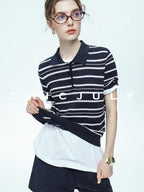 chicjuly Star Shimmer Lace Texture Striped Polo Women's Blended Short Sleeve T-shirts