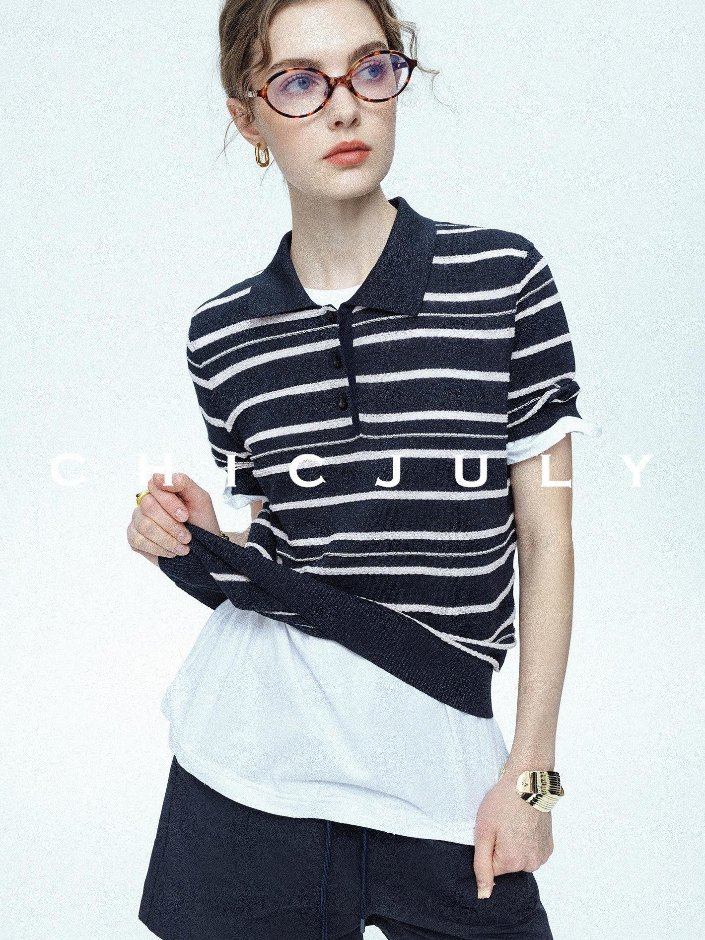 chicjuly Star Shimmer Lace Texture Striped Polo Women's Blended Short Sleeve T-shirts