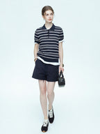 chicjuly Star Shimmer Lace Texture Striped Polo Women's Blended Short Sleeve T-shirts