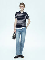 chicjuly Star Shimmer Lace Texture Striped Polo Women's Blended Short Sleeve T-shirts