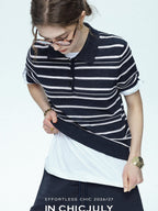 chicjuly Star Shimmer Lace Texture Striped Polo Women's Blended Short Sleeve T-shirts