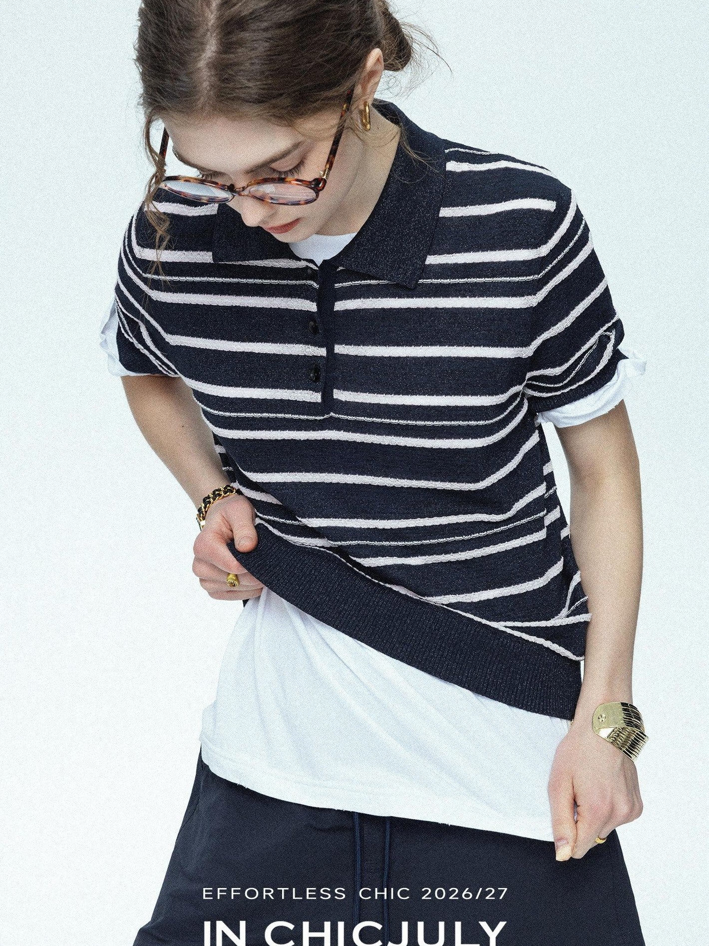 chicjuly Star Shimmer Lace Texture Striped Polo Women's Blended Short Sleeve T-shirts