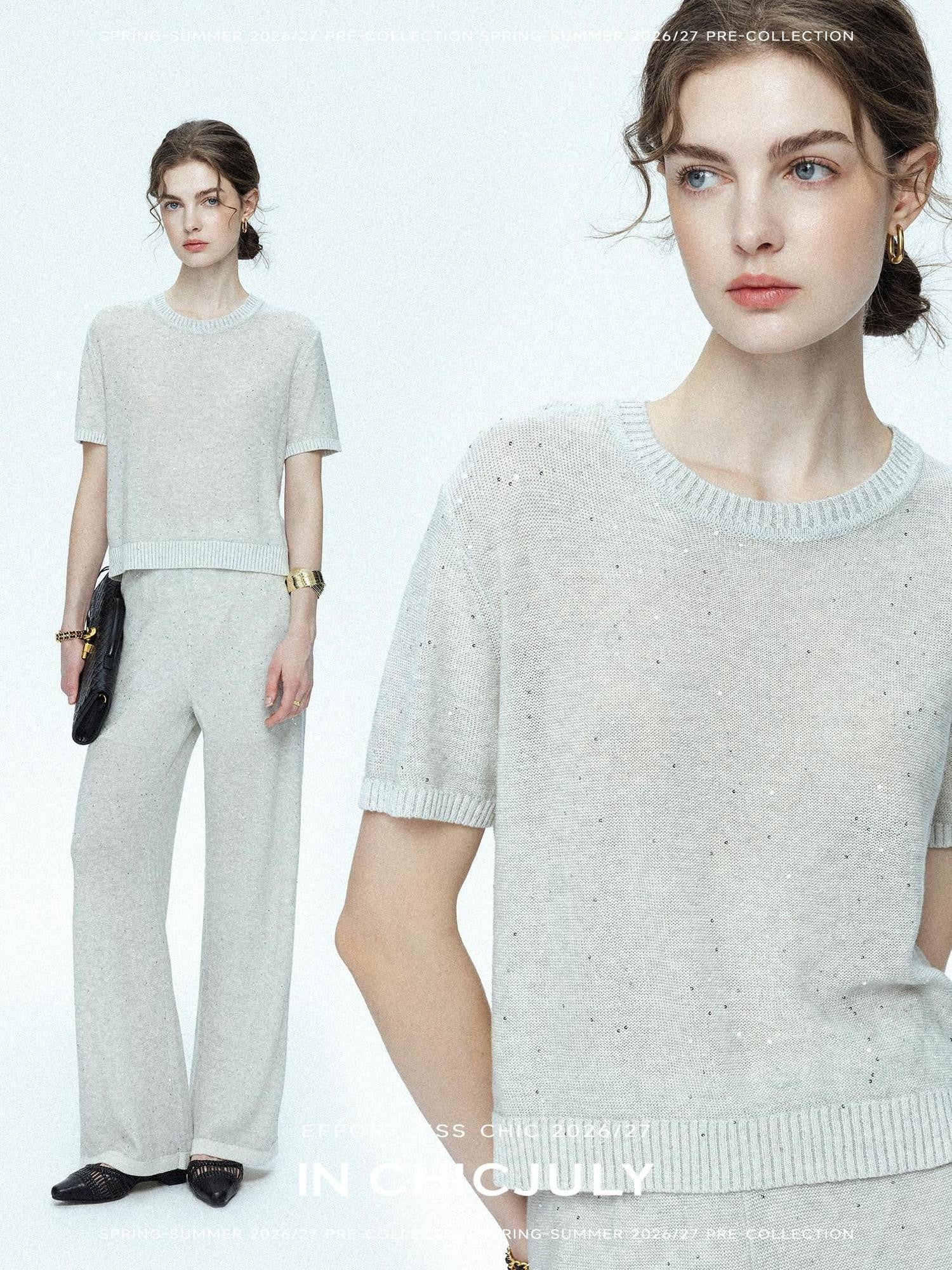 chicjuly Star Sparkle Knit Crewneck Short Sleeve Women's Linen Silk Top & Pants Sets
