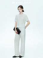 chicjuly Star Sparkle Knit Crewneck Short Sleeve Women's Linen Silk Top & Pants Sets