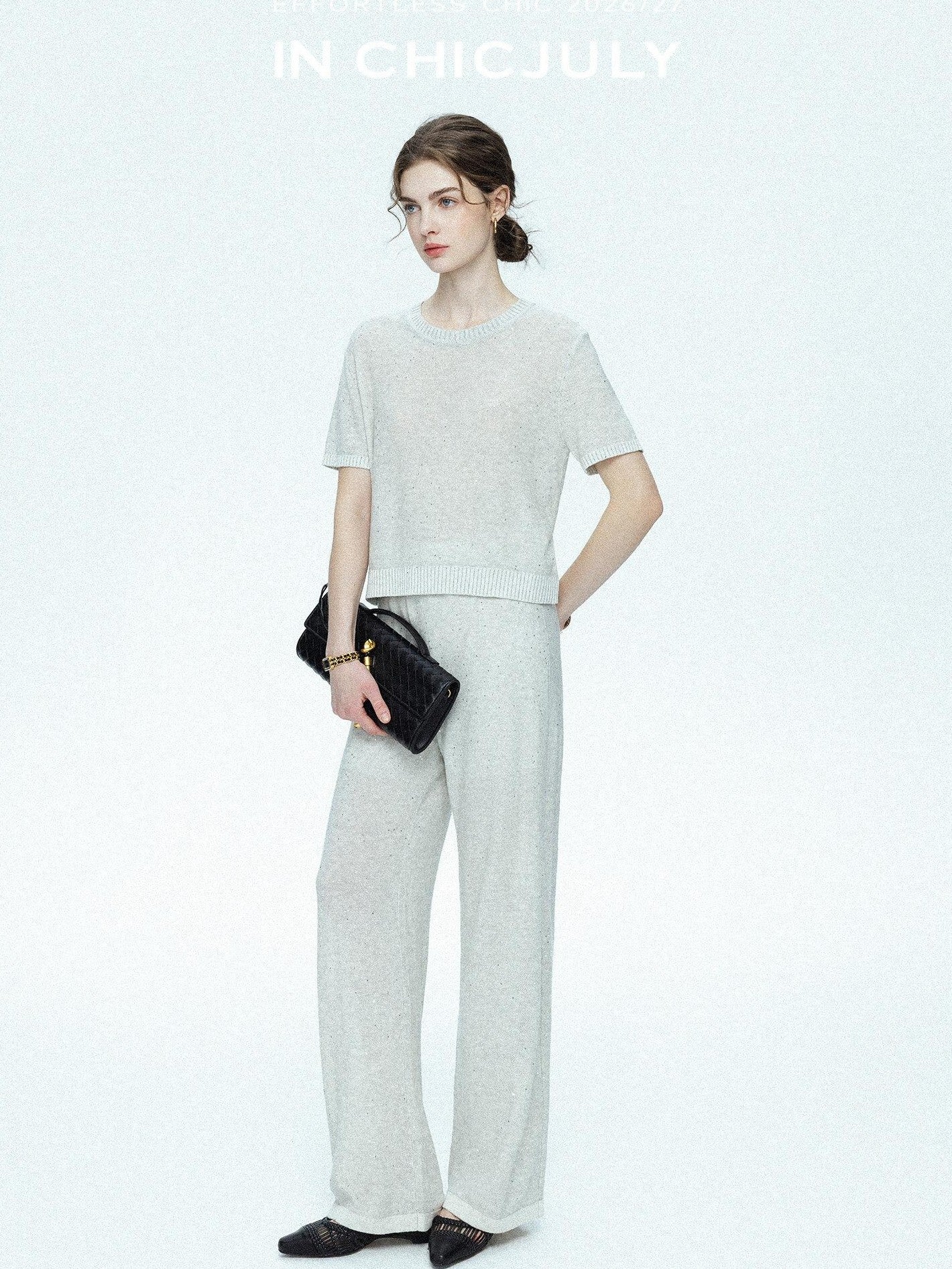 chicjuly Star Sparkle Knit Crewneck Short Sleeve Women's Linen Silk Top & Pants Sets