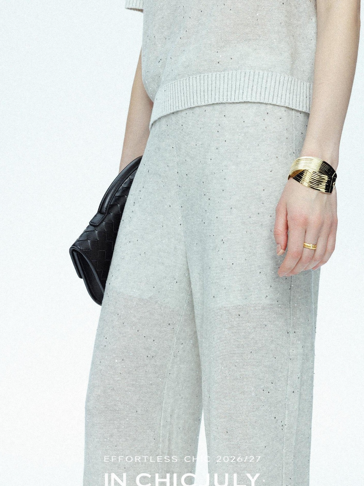 chicjuly Star Sparkle Knit Crewneck Short Sleeve Women's Linen Silk Top & Pants Sets
