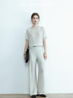 chicjuly Star Sparkle Knit Crewneck Short Sleeve Women's Linen Silk Top & Pants Sets