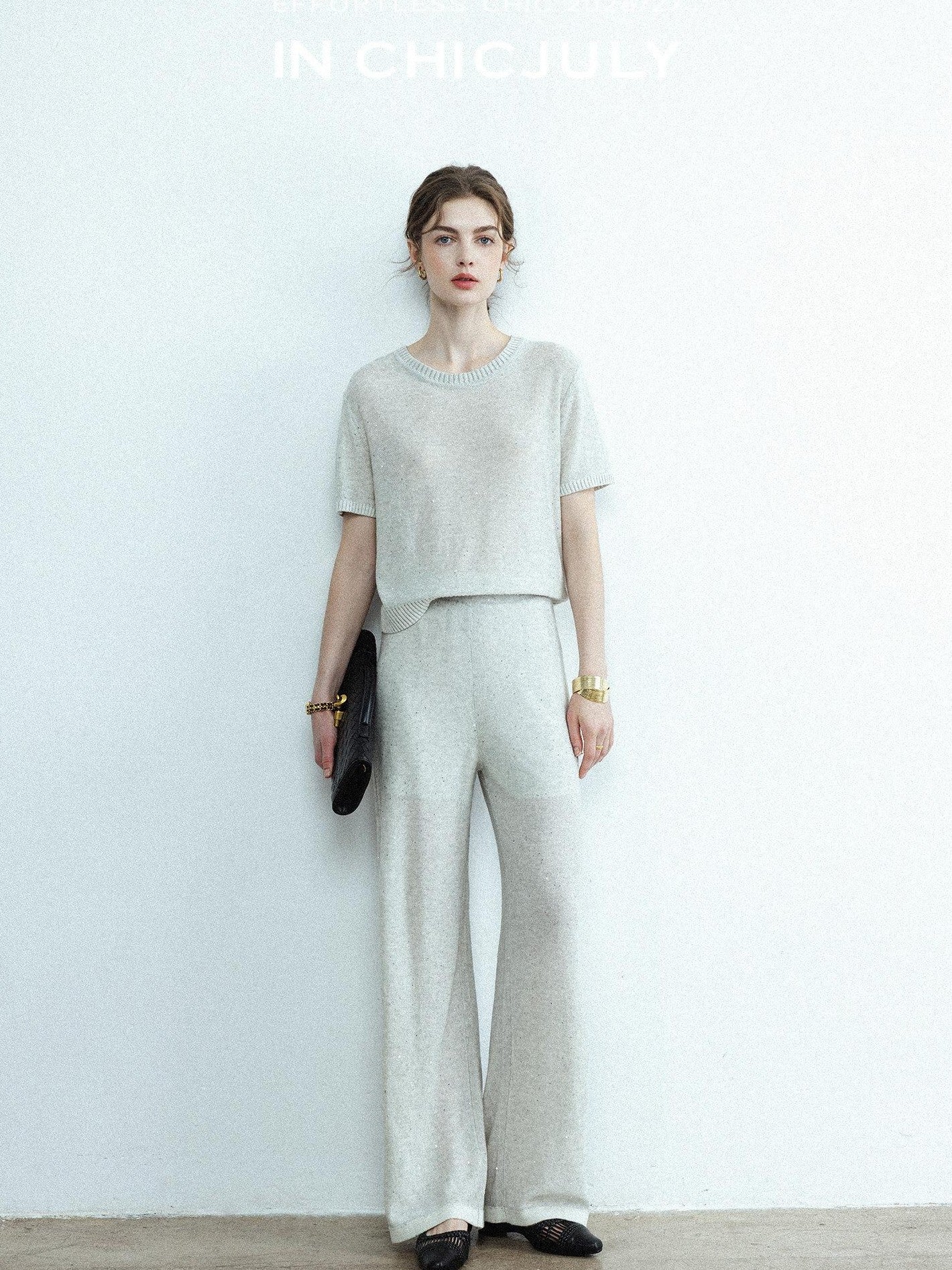 chicjuly Star Sparkle Knit Crewneck Short Sleeve Women's Linen Silk Top & Pants Sets