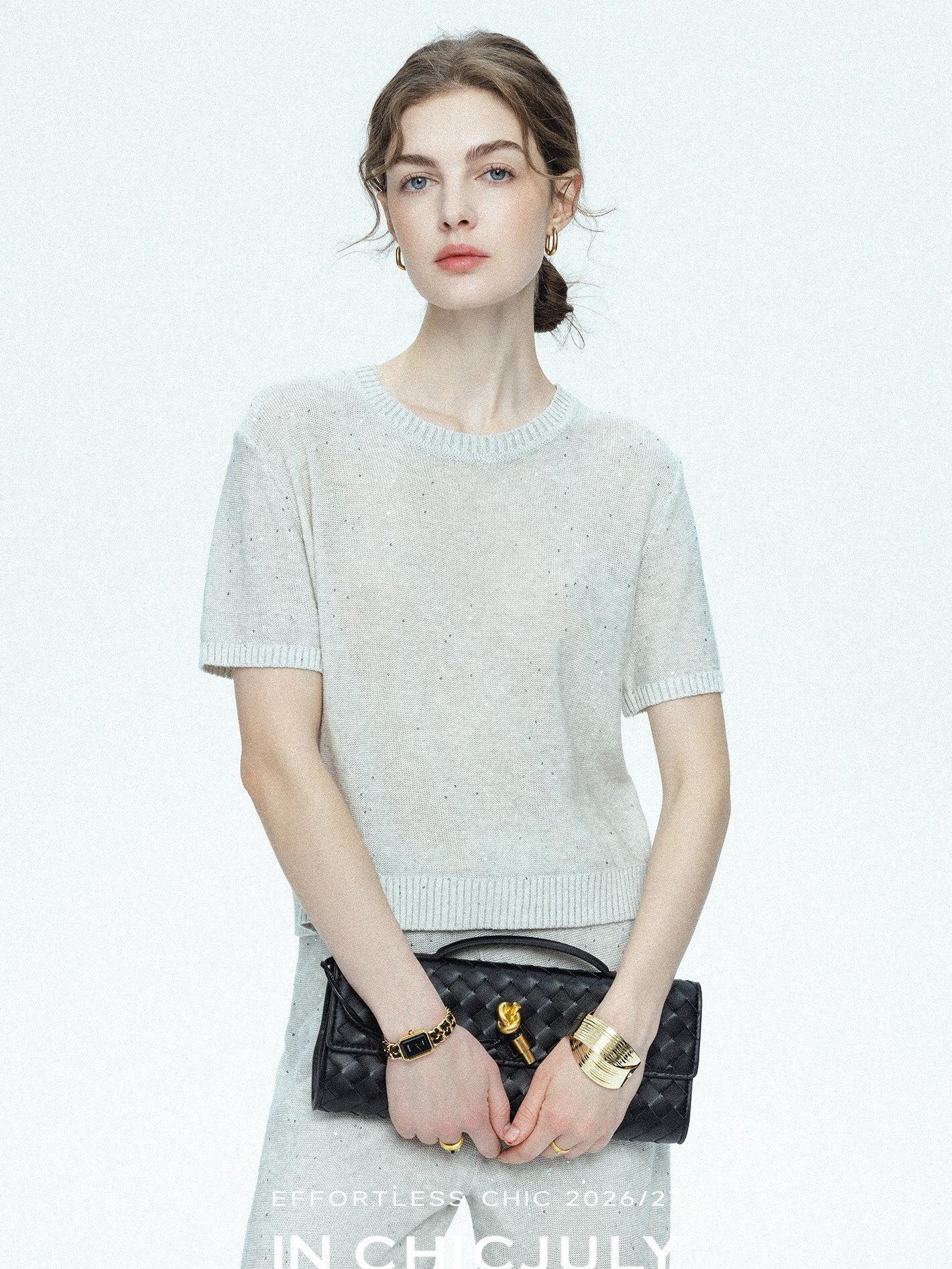 chicjuly Star Sparkle Knit Crewneck Short Sleeve Women's Linen Silk Top & Pants Sets