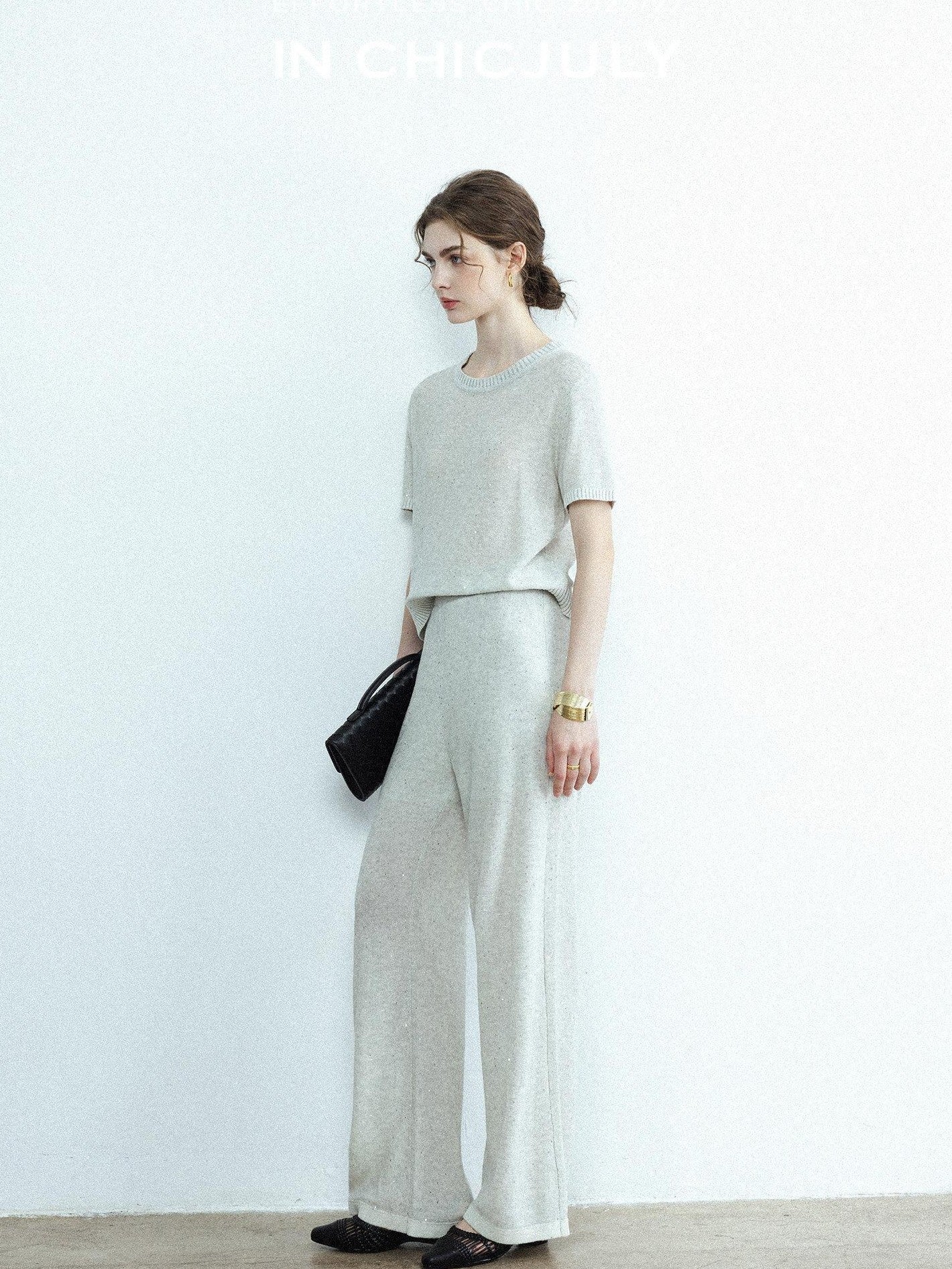 chicjuly Star Sparkle Knit Crewneck Short Sleeve Women's Linen Silk Top & Pants Sets