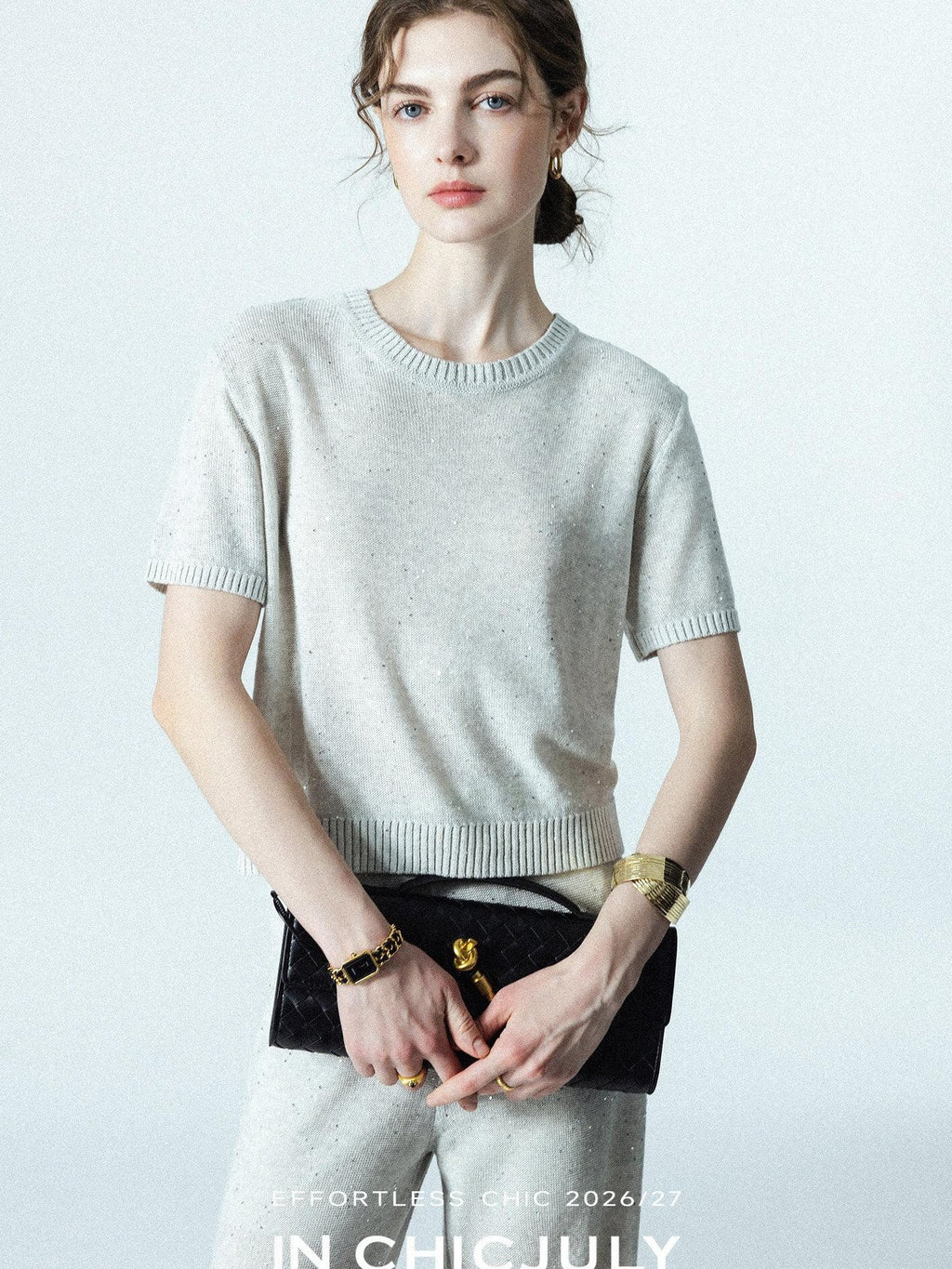 chicjuly Star Sparkle Knit Crewneck Short Sleeve Women's Linen Silk Top & Pants Sets