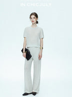 chicjuly Star Sparkle Knit Crewneck Short Sleeve Women's Linen Silk Top & Pants Sets