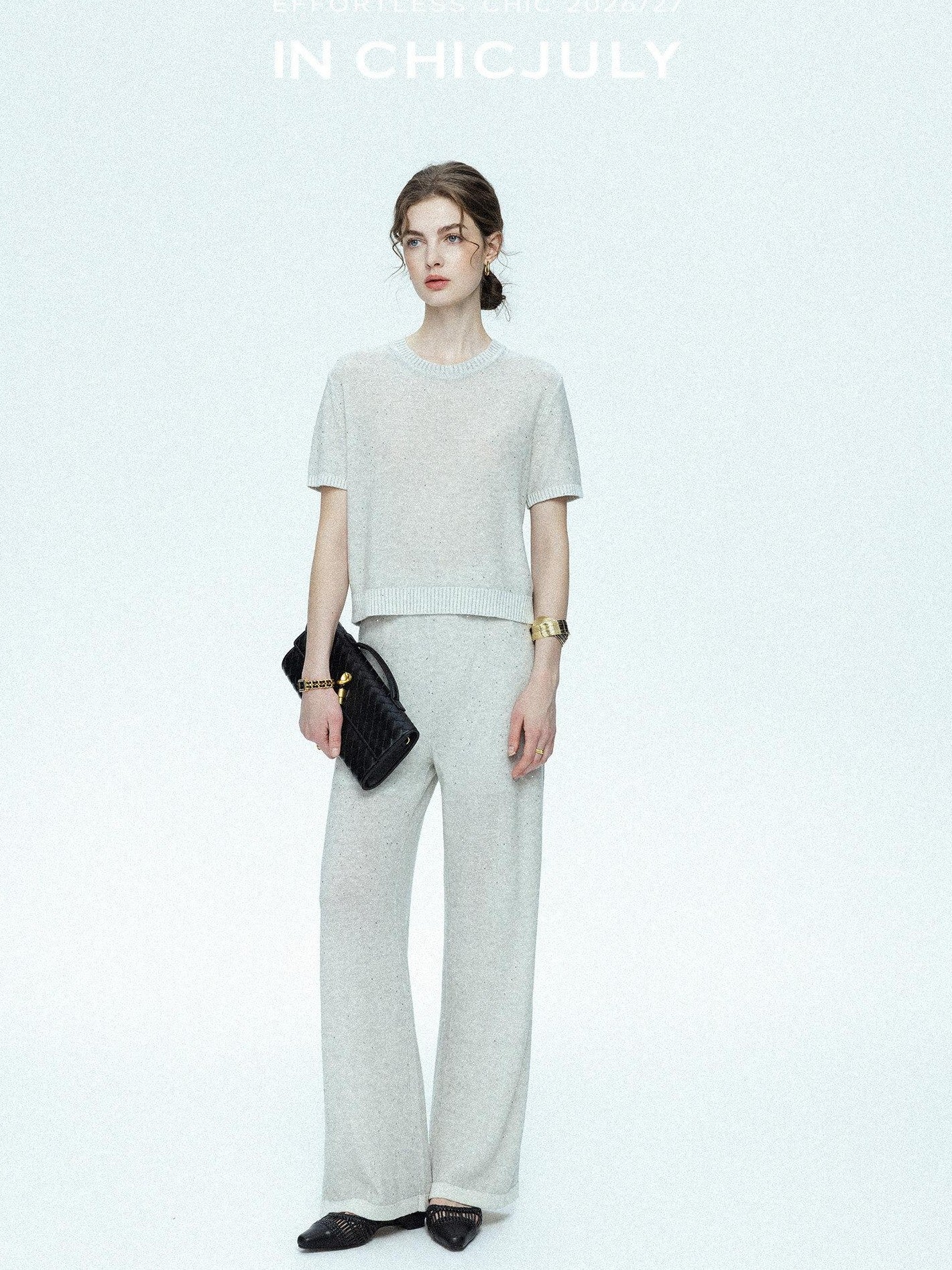 chicjuly Star Sparkle Knit Crewneck Short Sleeve Women's Linen Silk Top & Pants Sets