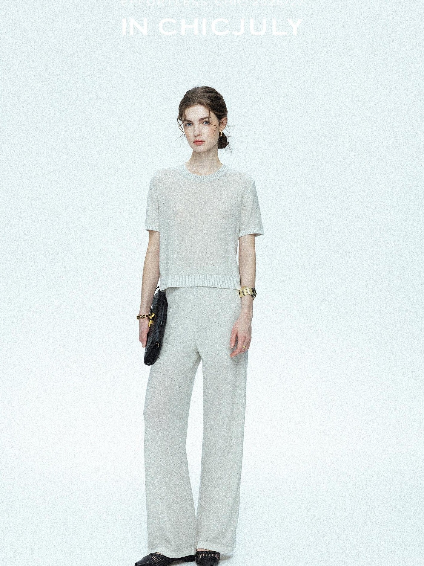 chicjuly Star Sparkle Knit Crewneck Short Sleeve Women's Linen Silk Top & Pants Sets