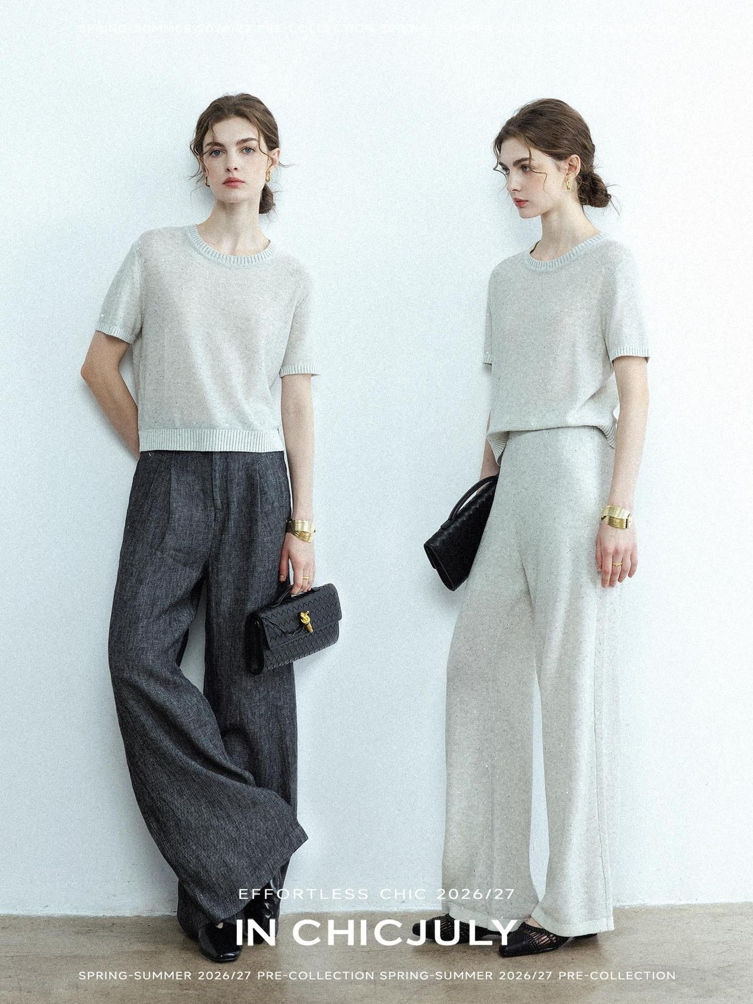 chicjuly Star Sparkle Knit Crewneck Short Sleeve Women's Linen Silk Top & Pants Sets