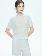 chicjuly Star Sparkle Knit Crewneck Short Sleeve Women's Linen Silk Top & Pants Sets