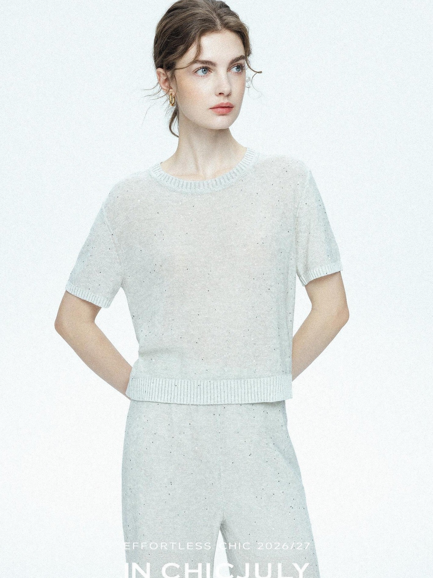 chicjuly Star Sparkle Knit Crewneck Short Sleeve Women's Linen Silk Top & Pants Sets