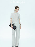 chicjuly Star Sparkle Knit Crewneck Short Sleeve Women's Linen Silk Top & Pants Sets