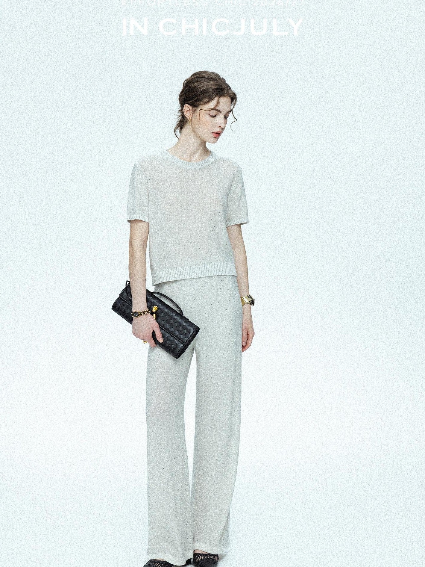 chicjuly Star Sparkle Knit Crewneck Short Sleeve Women's Linen Silk Top & Pants Sets