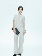 chicjuly Star Sparkle Knit Crewneck Short Sleeve Women's Linen Silk Top & Pants Sets